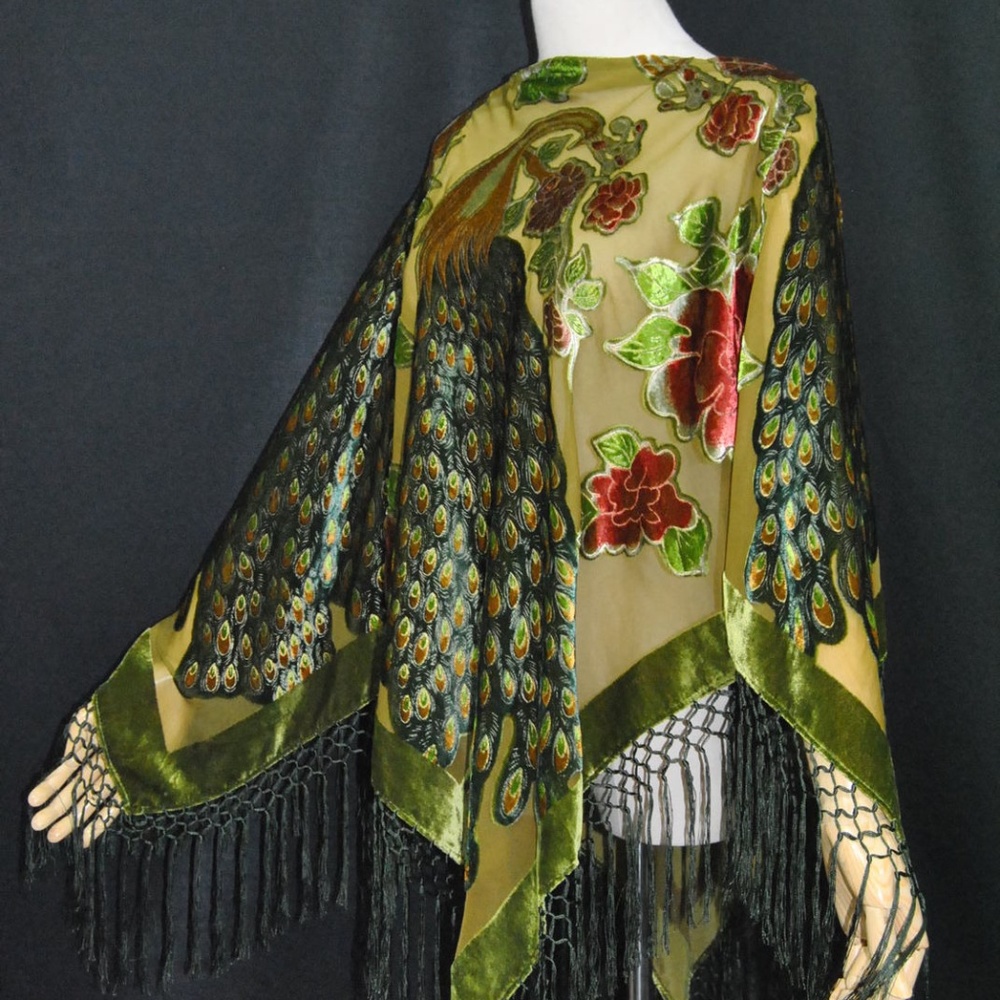 Golden Olive Silk Velvet Boho Poncho